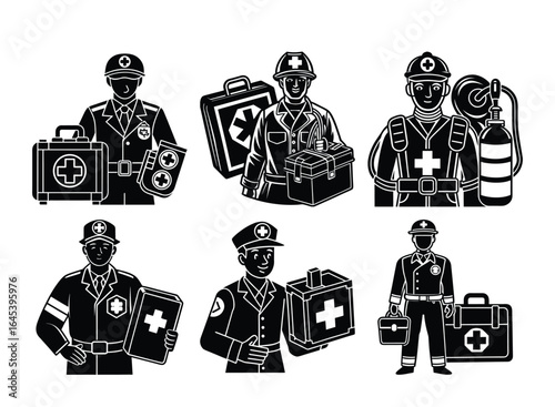 Paramedics and emergency medical technicians illustrated in black and white vector image