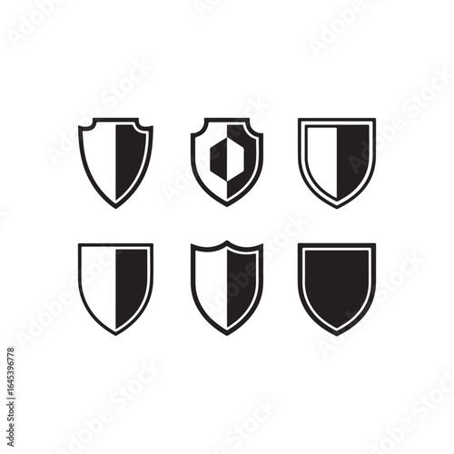 Collection of shield icons in black and white isolated on white background