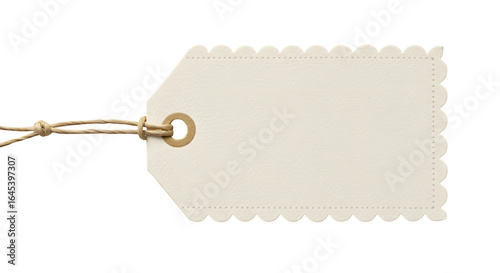 Cream paper tag with scallop edge and twine. Close-up shows texture details. Great for product labeling, price tags, branding mockups, social media posts.