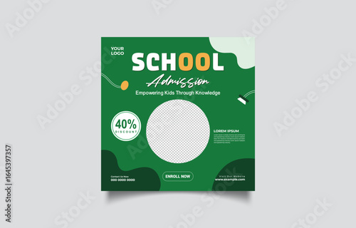 School Admission Social Media Post Design Promoting Education and Learning for Kids with Discount Offer
