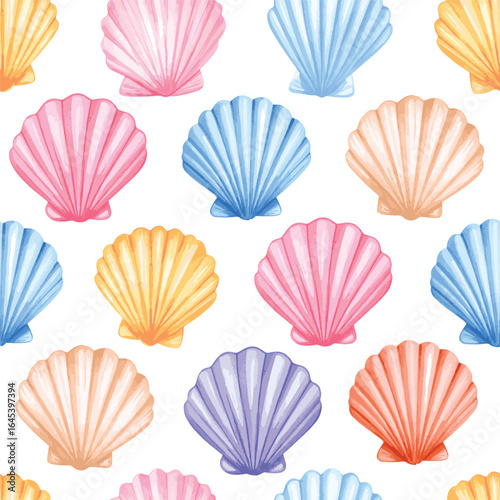 Vector seamless pattern with colorful pastel watercolor sea shells