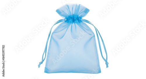 Sky blue sheer organza bag sits isolated on black. Use as product packaging, party favors, or retail display.