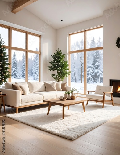 Cozy winter living room with snowy view