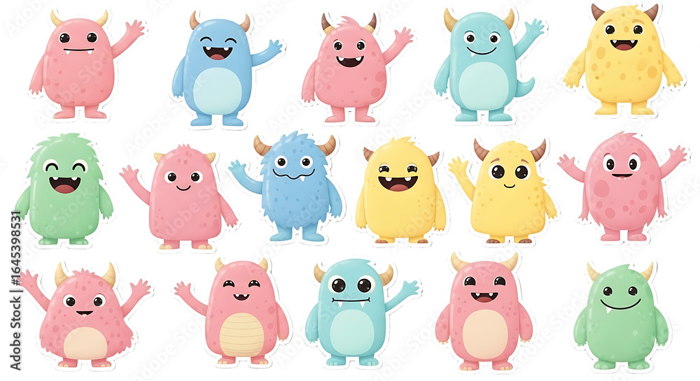 Naklejka premium Collection of colorful cartoon monsters, various expressions and poses.