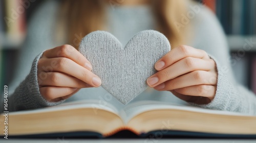 Woman holding a gray heart above an open book in a library, expressing a deep love for reading and the joy of knowledge