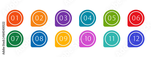 Colorful bullet points set of numbers from zero to twelve. Multicolored circles and numbers. Set of markers with numbers. Vector flat icons isolated on white background