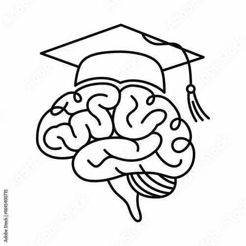Brain wearing graduation cap symbolizing learning knowledge education and cognitive function development vector illustration concept for print and web