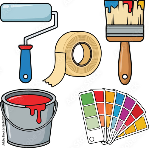 Painting Tools Vector Set — Paint Roller, Brush, Tape, Paint Can, Color Swatches Clipart

