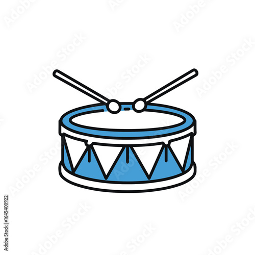 A Blue Drum with drumsticks.