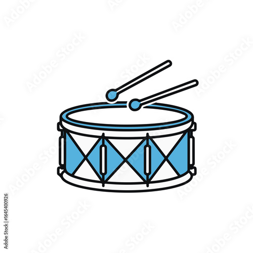 A blue and white drum with two drumsticks. 