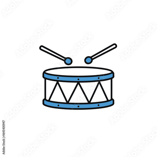 A simple drum and drumsticks against a minimalist background.