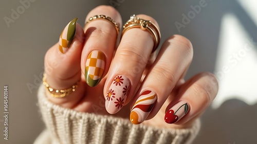 almond nails with earthy tones, cherry accent and cozy sweater and gold rings