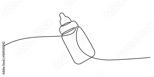 Continuous one line art of baby bottle. Baby milk bottle icon single line art, Continuous one line drawing of baby feeding bottle.  Hand drawn symbol vector illustration.	