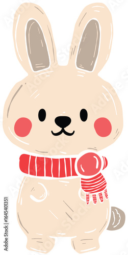 Cute bunny in red scarf adorable character with rosy cheeks smiling expression cartoon style winter theme playful design soft colors friendly appearance whimsical illustration charming animal