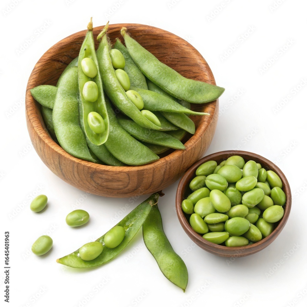 Fresh green edamame beans in pods and shelled isolated on white background Fresh green edamame beans in pods and shelled isolated on white background