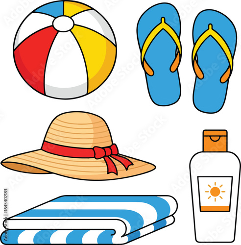 Beach Vacation Essentials Vector Set — Ball, Flip Flops, Sun Hat, Towel, Sunscreen Clipart

