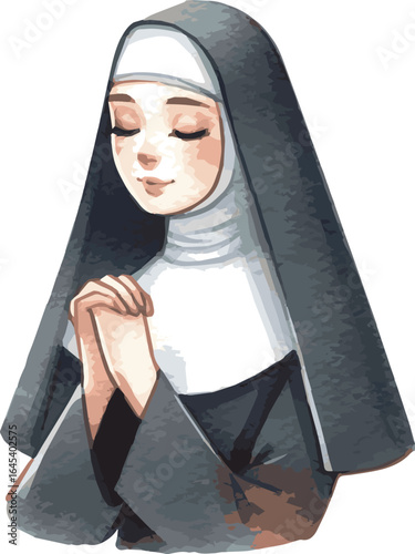 Vector watercollor painted illustration of a nun