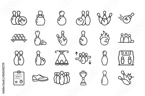 Bowling Vector Icon Set. Bowling ball, pins, alley, strikes, spares, trophies, shoes, scorecards, and more. Editable stroke. Vector illustration for sports and bowling enthusiasts.