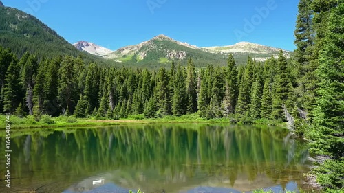 Serene Mountain Lake Reflecting Dense Evergreen Forest and Blue Sky on a Sunny Day