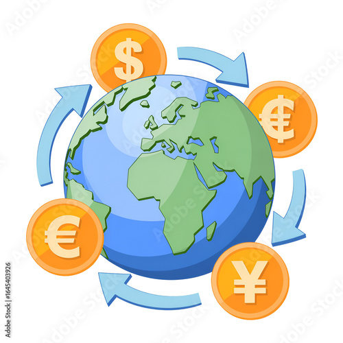 Earth surrounded by currency symbols representing global finance and money exchange  
