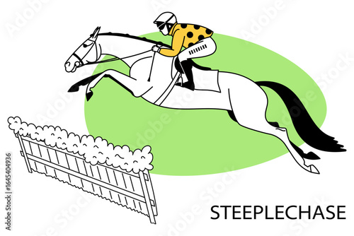 Jockey riding horse in steeplechase race jumping over hurdle in flat style illustration
