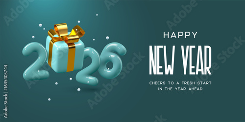Happy 2026 New Year greeting featuring 3D teal glossy numbers with gift box and gold bow. Festive design for seasonal celebration. Vector illustration.