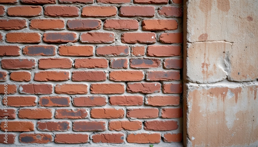 A weathered brick wall with a stone pillar, a study in textures and tones A weathered brick wall with a stone pillar, a study in textures and tones