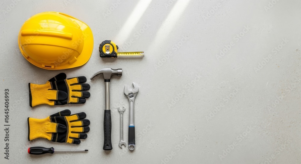 Construction Tools and Safety Equipment Flat Lay Construction Tools and Safety Equipment Flat Lay