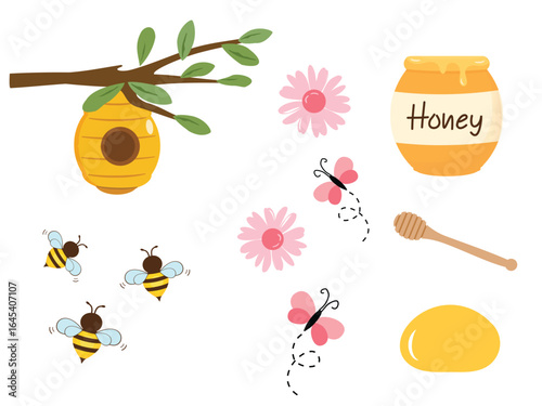 Tree branch, bee cartoons, pink butterfly, cute flower, honey jar, honey stick and drop icon sign isolated on white background vector.