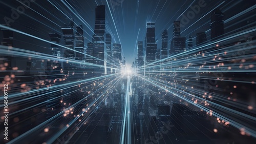 High-speed data streams flowing through a futuristic digital city, representing network connectivity and technological innovation
