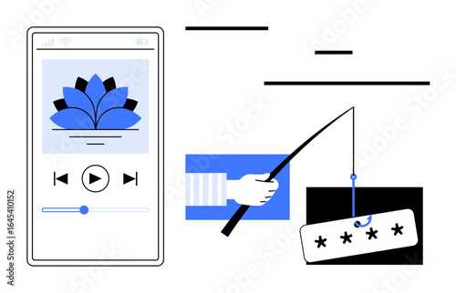 Smartphone showcasing media controls next to a phishing scenario with a hooked password. Ideal for cybersecurity, technology, mobile apps, online safety, digital awareness, data protection, simple