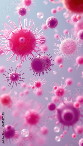 Microscopic pink and purple viruses, 3D medical illustration, microbiology science background, high resolution