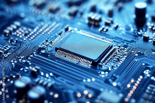 Close-up of a circuit board with a central chip (14)