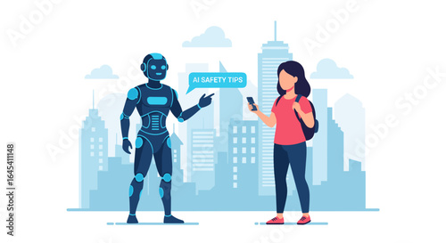 Human interacting with futuristic robot in a city setting providing information