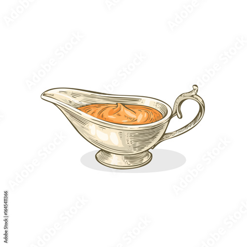 Vintage engraving vector style illustration of a gravy boat with sauce