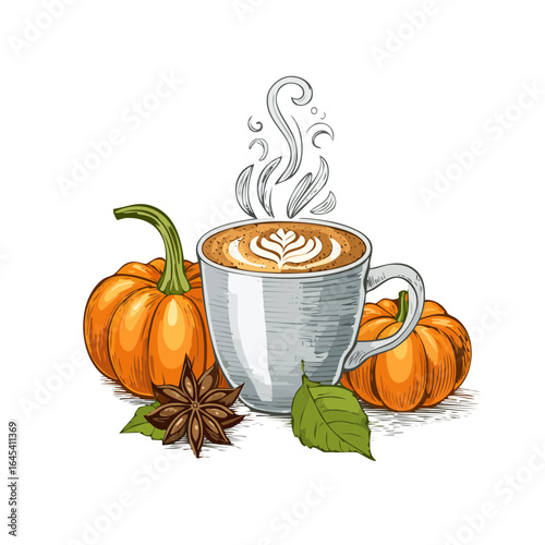 Vintage engraving vector style illustration of a steaming pumpkin spice latte in a cup