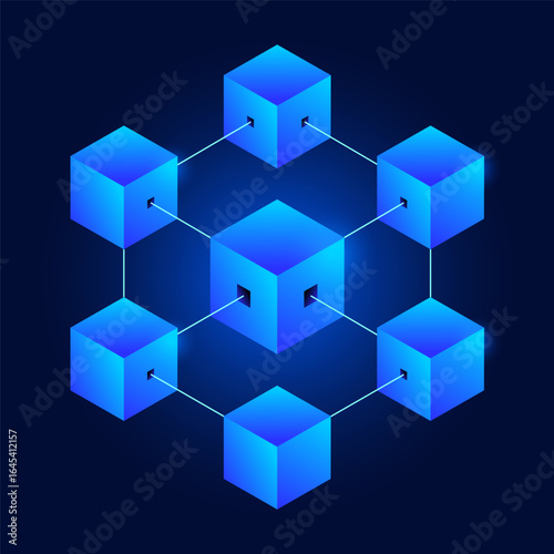 3D isometric gradient blockchain cube connection with node bitcoin link icon. Virtual futuristic cryptocurrency trade. 3D neon crypto currency block network system for financial tech with glow effect.