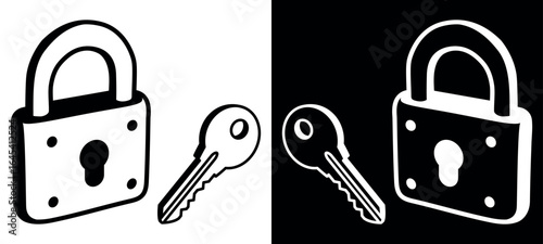 Padlock and Key Icon in Light and Dark Theme Design. Vector illustration.