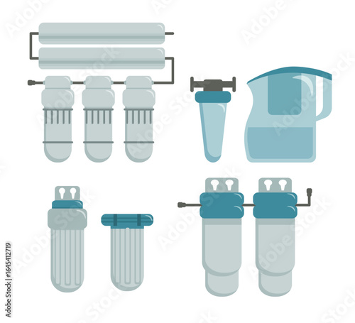 Set of different water filters in cartoon style. Vector illustration of home filtration devices for water purification from contaminants isolated on white background.Membrane, flow-through filters.