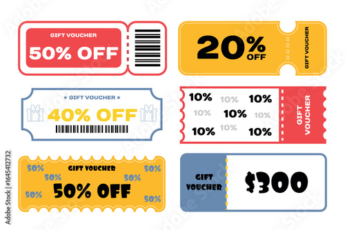 Set of colorful gift vouchers in cartoon style. Vector illustration of gift certificates, coupons of different shapes with discount percentages, dotted lines, barcode isolated on white background.