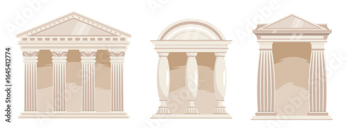 Set of ancient temple arches in cartoon style. Vector illustration of beautiful Greek or Roman arches with columns, pillars, Doric, Corinthian architectural orders isolated on white background.