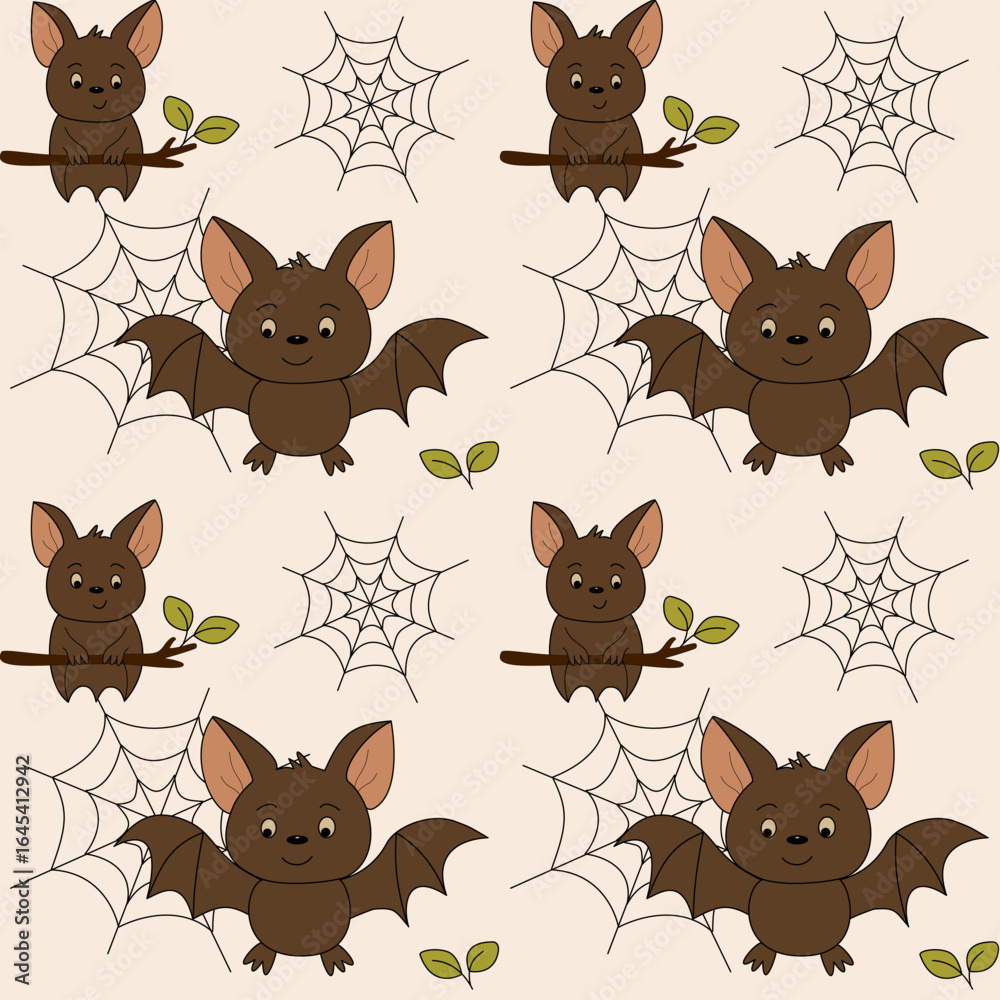 Fototapeta premium Seamless vector pattern with cute bats, spider webs, and leaves on a light background, perfect for Halloween decoration, textiles, and kids’ designs.