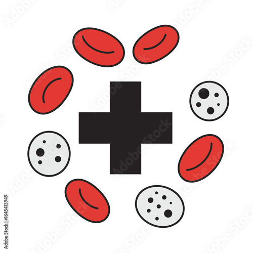 Medical Illustration of Blood Components: An abstract medical illustration showcasing a black plus sign surrounded by red blood cells and white blood cells.