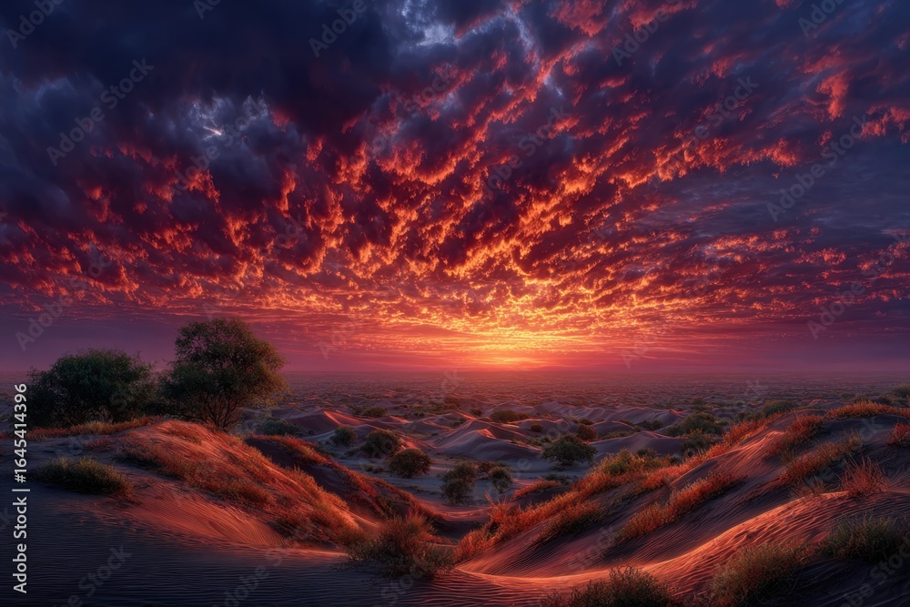 Fototapeta premium Fiery Sunset Over Sand Dunes A Dramatic Sky Painted with Warm Hues and Gentle Undulations