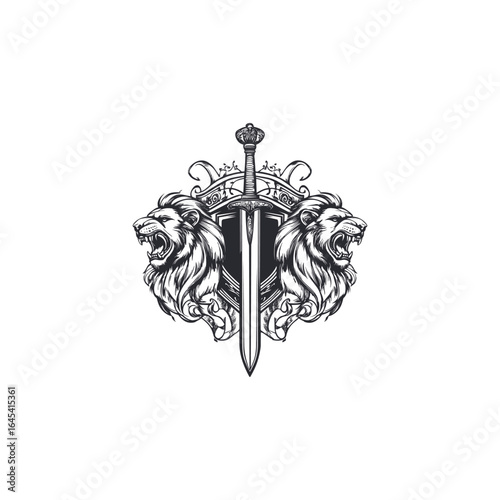 Medieval heraldic sword with lion engraving design vector illustration