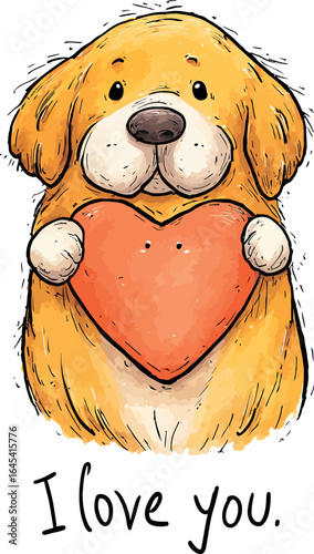 Sweet watercolor golden retriever holding pink heart with loving I love you text - vector illustration