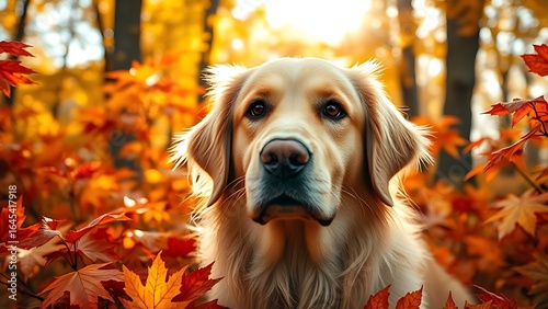 Golden retriever surrounded by autumn leaves, close-up portrait with warm sunlight filtering through trees.