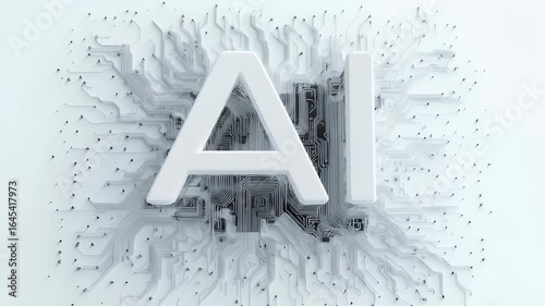 白い背景に白いAIの文字と回路基板のパターンを持つ技術的な抽象イメージ