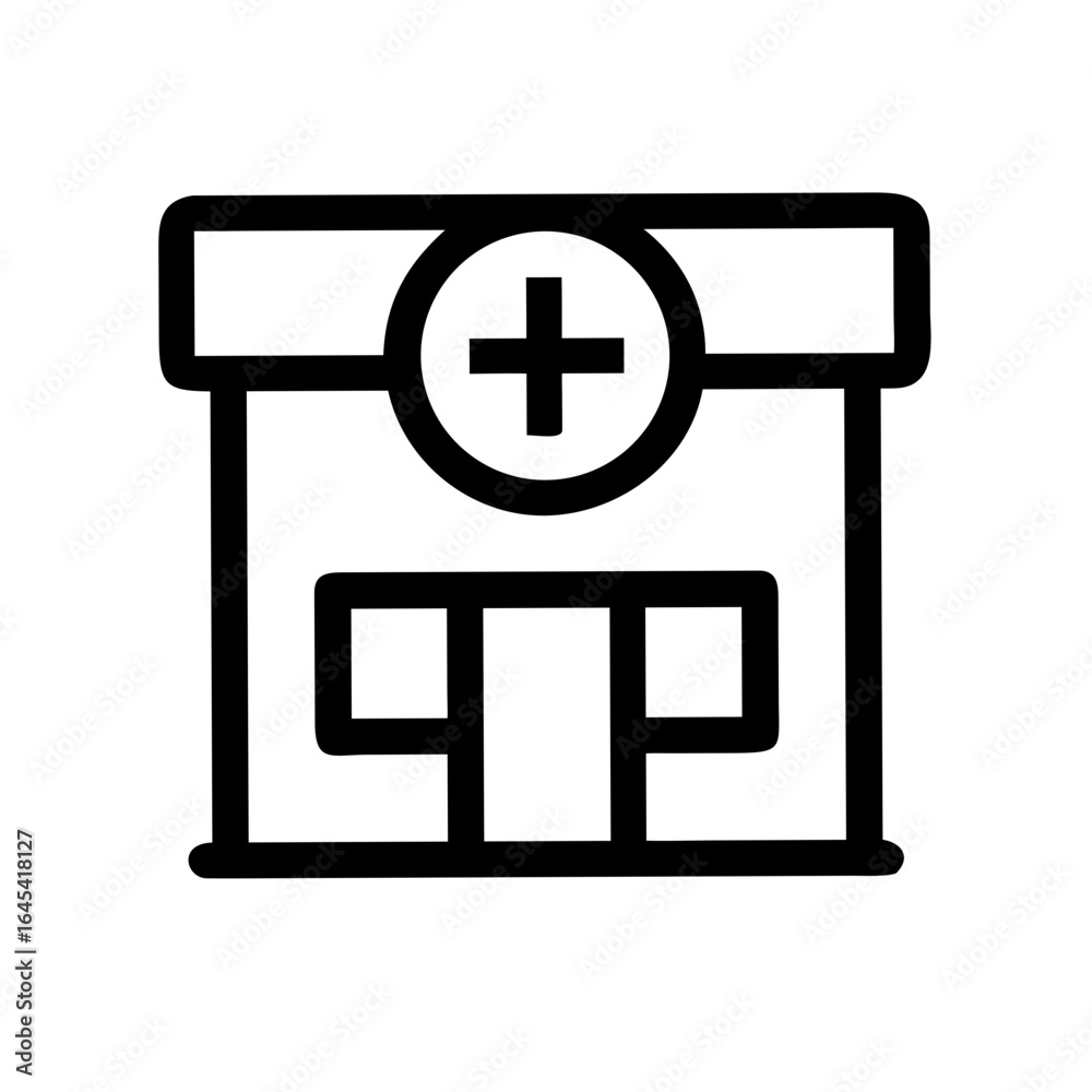 Obraz premium Pharmacy Store with a Cross Symbol Icon – Medical and Healthcare Illustration for Drugstore, Medicine, and Health Services