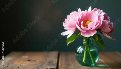 Light pink peony blooms in a slender green glass vase, atop a rustic wood table , minimal, petals, peony